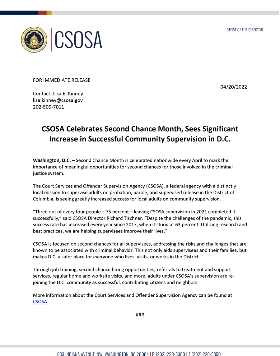 CSOSA Celebrates Second Chance Month - News Release