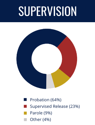 Supervision Types: Probation (64%), Supervised Release (23%), Parole (9%), Other (4%)