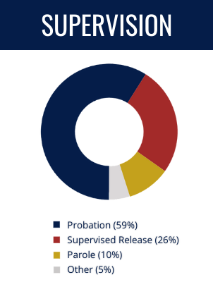 Supervision Types: Probation (59%), Supervised Release (26%), Parole (10%), Other (5%)