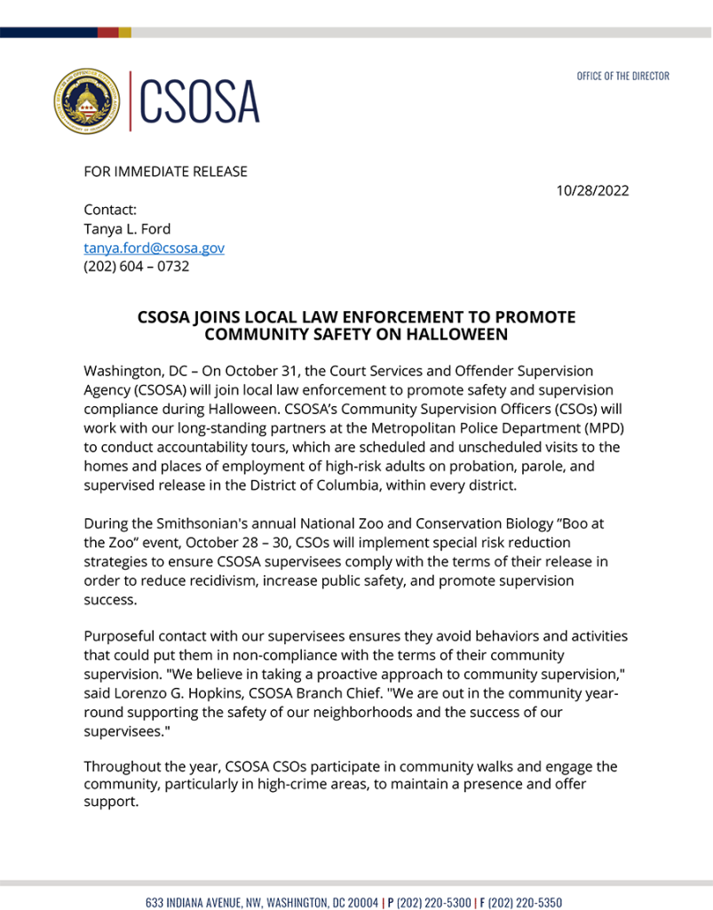 2022-10-28–Community Safety on Halloween–News Release – CSOSA