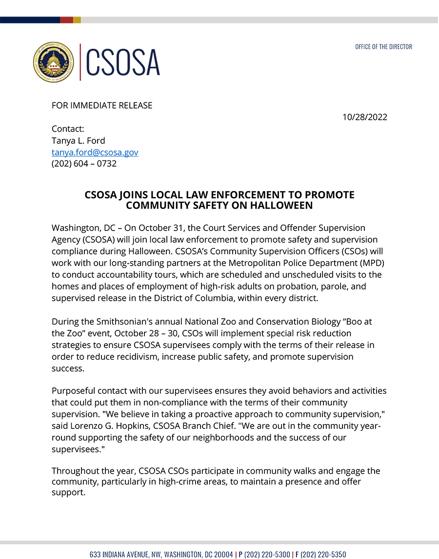 CSOSA Joins Local Law Enforcement to Promote Community Safety on Halloween - News Release - p1