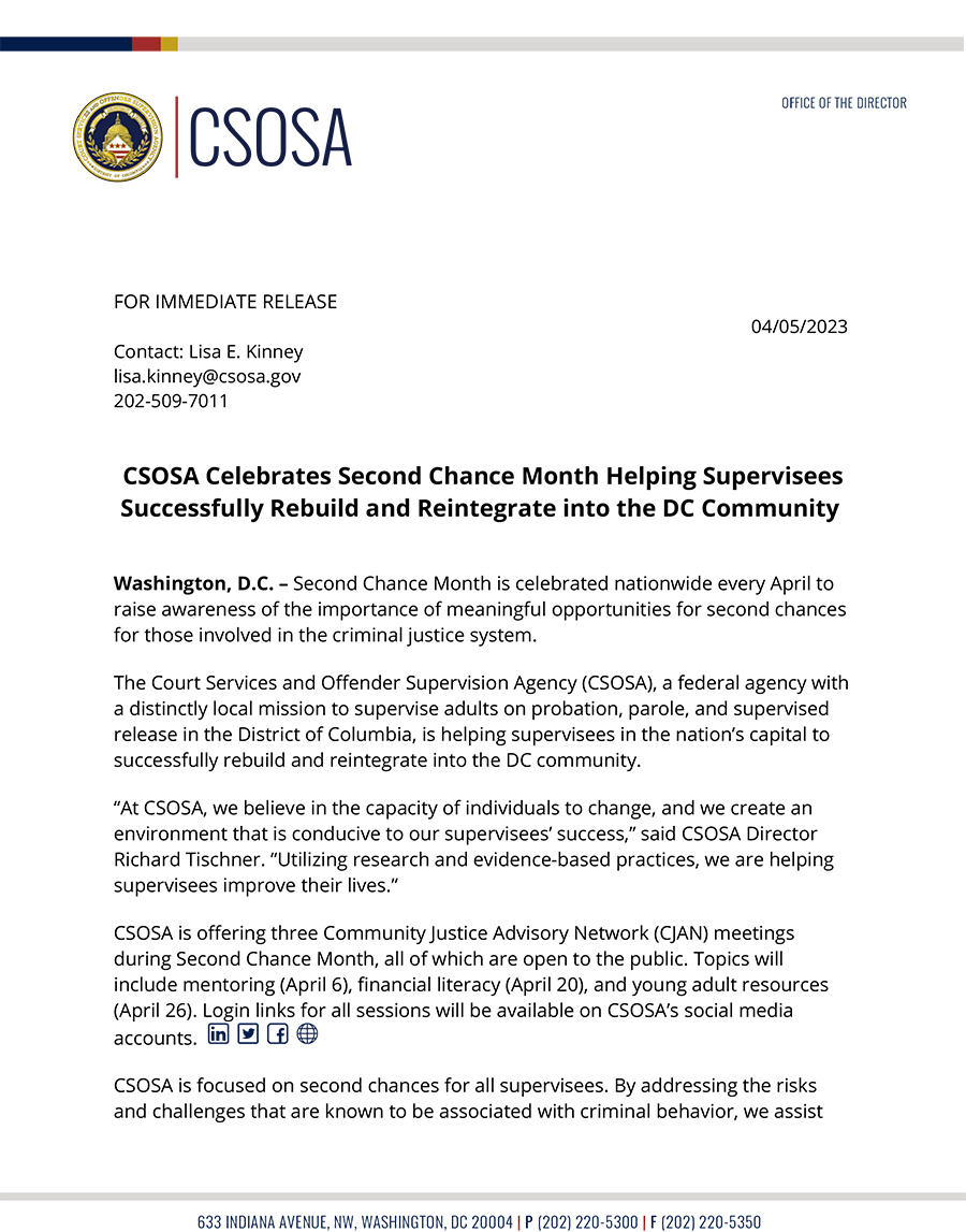CSOSA Celebrates Second Chance Month - April 2023